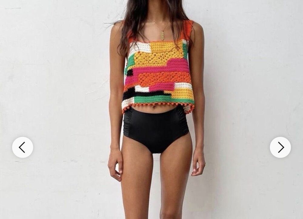 Zara Crochet Crop Top Womens Small Colorblock Boho Summer Festival Beachy - Picture 2 of 8